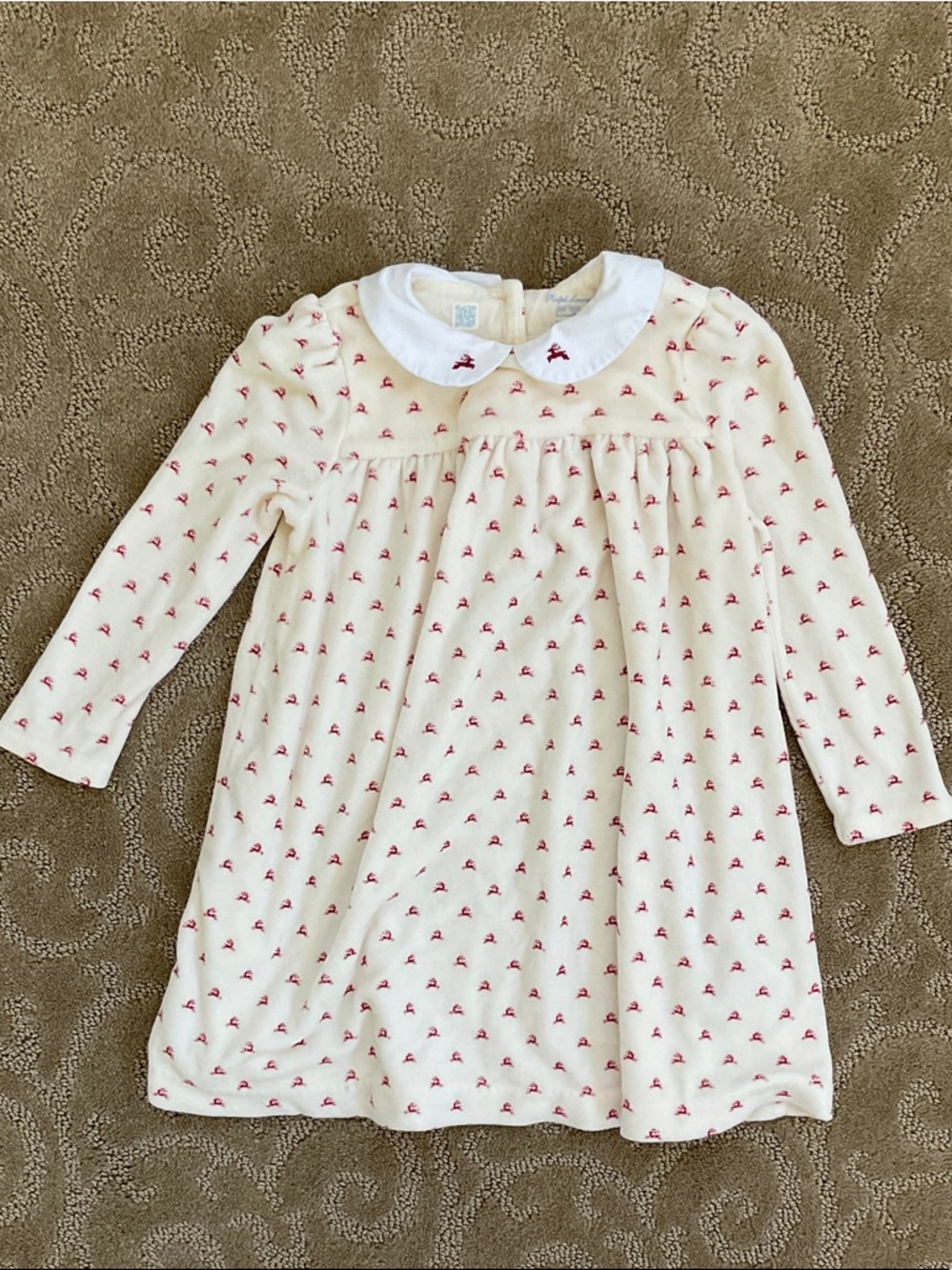 Ralph Lauren Cream Long-Sleeve Pajama Nightgown with Red Motif